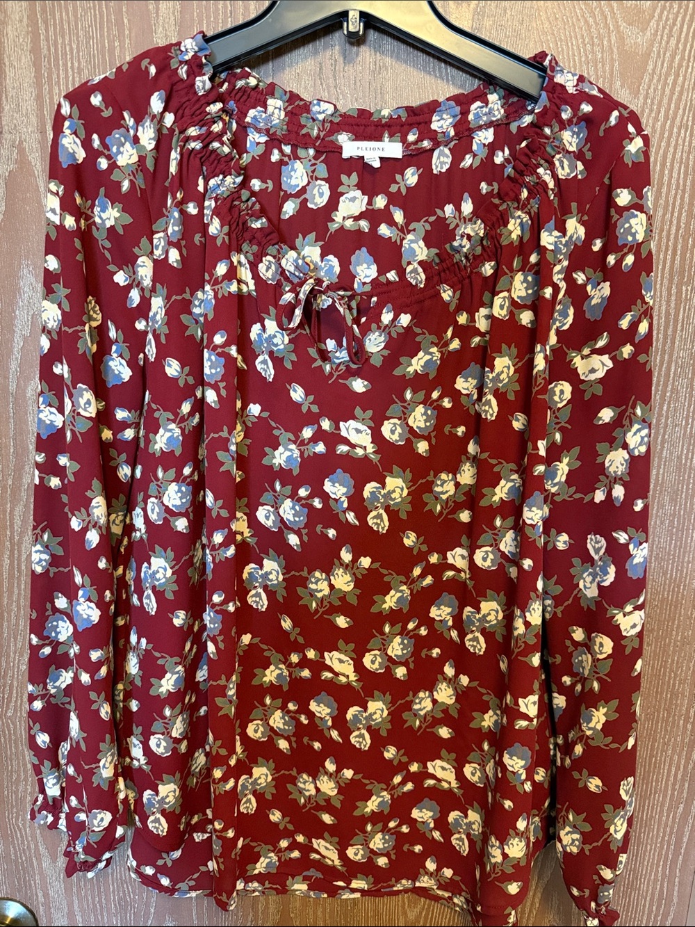 Pleione Burgundy Floral Smocked Peasant Top